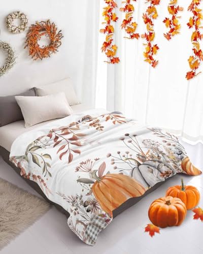 DecorLovee Orange Grey Fall Blanket 30"x40", Reversible Thanksgiving Throw Blanket for Couch/Bed/Camping, Botanical Farmhouse Lightweight Soft Throw Blankets for Kids, Warm Fuzzy Blankets for Winter - Image 4