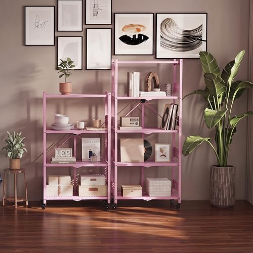 WORKPRO 4-Tier Folding Shelf, No-Assembly Metal Storage Rack with Wheels, 600 lbs Capacity (with Leveling Feet), Collapsible Shelving Unit for Kitchen, Pantry, Closet & Craft Shows - Pink - Image 2