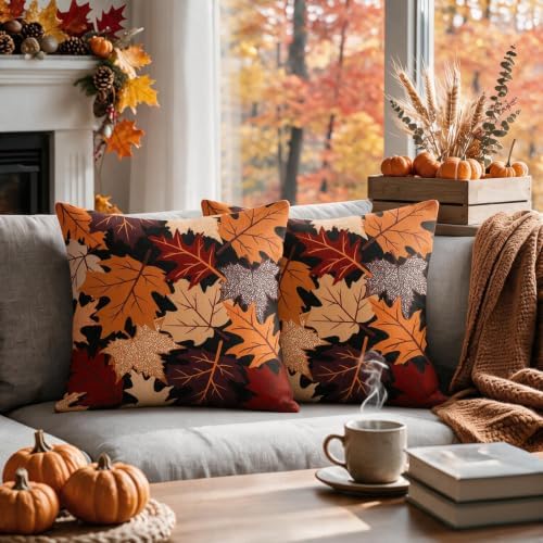 Fall Leaf Pillow Covers 16x16 Set of 2 Black Orange Maple Leaves - Image 2