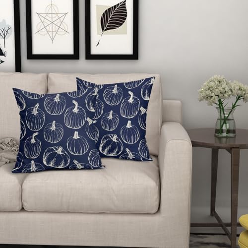 Navy Blue Fall Pumpkin Pillow Covers 22x22 Set of 2 Autumn Themed Thanksgiving Cream Print Decorative Throw Pillows Outdoor PillowCase Farmhouse Linen Cushion Case Decor for Home Sofa Couch Bed - Image 7