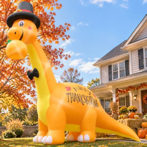10FT Thanksgiving Inflatables Dinosaur with Pumpkin Outdoor Decorations - Image 3