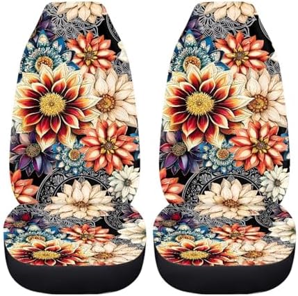 Dahlia Flowers Blossom Car Seat Covers for Front Seats Ethnic Style Bucket Seat Covers Universal Fit for SUV Truck Sedan Front Seat Protector,2 Piece Set