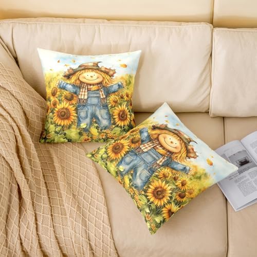 Fall Scarecrow Pillow Case Covers 2 Pack 22"x 22",Rustic Yellow Sunflower Fall Maple Leaves 2 Reversible Print Pillow Covers,Cabin Farmhouse Autumn Harvest Throw Sofa Pillow Covers - Image 2