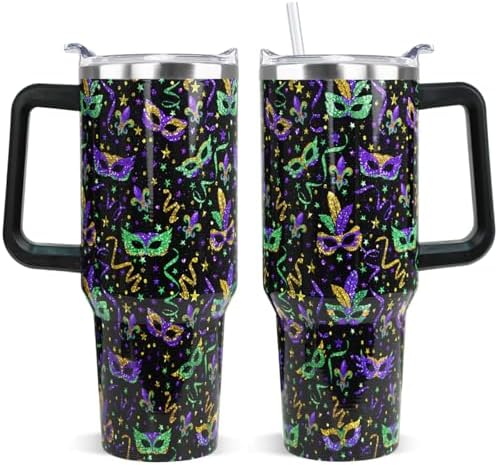Mardi Gras Tumbler 40 oz Carnival Masks Tumbler Coffee Mugs Leak Proof Cups with Handle and Straw Stainless Steel Insulated Water Bottle for Mardi Gras Decor Gifts(1PCS) by Unknown