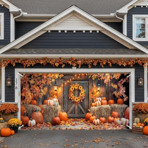 Fall Thanksgiving Garage Door Cover 8x7ft Pumpkin Hay Bale Lantern Decor - Image 6