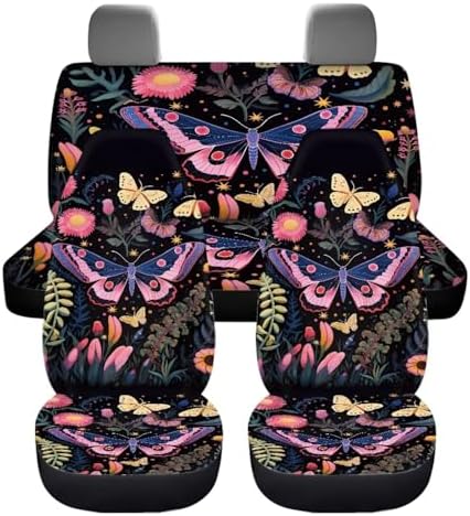 Pink Wild Forest Moth Butterfly Floral Car Seat Covers Starry Nights Fern Plants Flower Print Front Rear Seat Covers Auto Interior Decorative Auto Accessories Set of 4 for Cars,Trucks