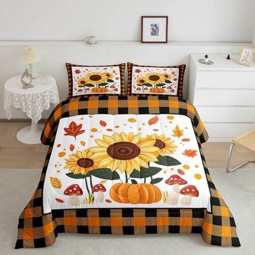 Erosebridal Sunflower Pumpkins Kids Comforter Set | Autumn Fall Pumpkin Decor Bedding King,Yellow Sunflowers Decorations Down Comforter Happy Thanksgiving Duvet Set for Bedroom - Image 2