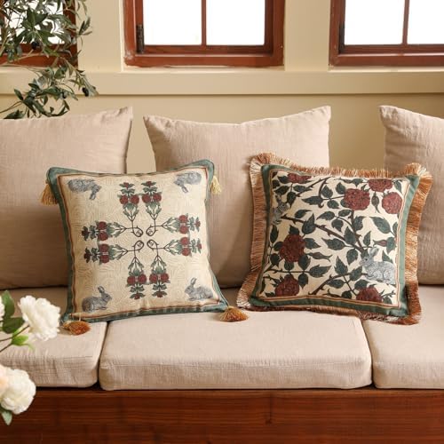 patdrea Designer Throw Pillow Covers Set of 2,French Elegant Green Linen with Rose and Animal Floral Pattern Pillow Covers,Decorative Square Pillowcases Cushion for Bed Living Room Outdoor,18"x18" - Image 4