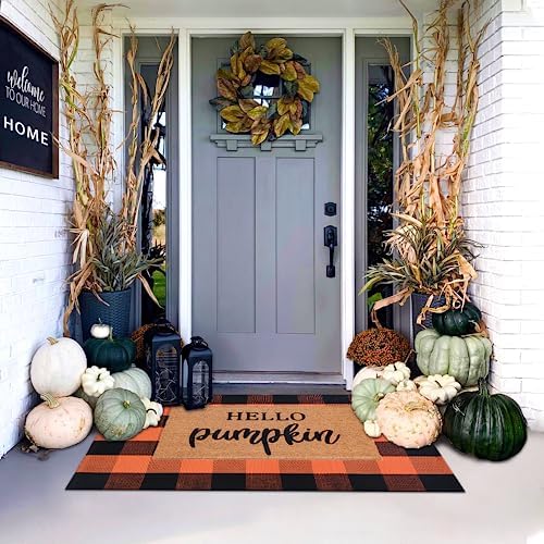 Orange and Black Plaid Rug, 28'' x 43'' Fall Outdoor Front Door Decor Mat, Cotton Washable Hand-Woven Rug for Layered Doormat, Autumn Halloween Thanksgiving Carpet for Porch, Entryway - Image 4