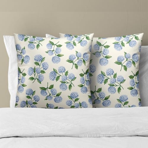 Sweetshow Blue Green Hydrangea Flower Throw Pillow Covers 20X20 Inches Set of 2 Spring Summer Floral Pillowcase Soft Cotton Square Seasonal Cushion Covers for Living Room Sofa Bedroom Decor - Image 3