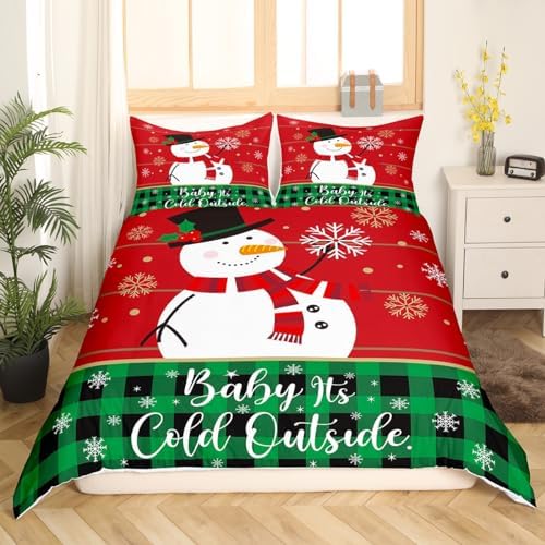 Cartoon Snowman Kids Duvet Cover Set Twin Size,Merry Christmas Snowflake Xmas Bedding Set,Girls Boys Adults Room Decor,Geometric Grids Patchwork Comforter Cover,Red Green Quilt Cover,1 Pillowcase - Image 2