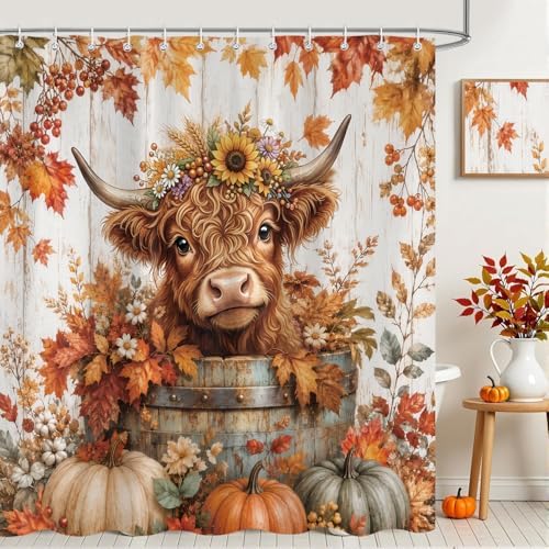 Fall Highland Cow Shower Curtain, Cute Cow Pumpkin Thanksgiving Farmhouse Animal Bathroom Decor Set, Autumn Harvest Seasonal Country Shower Curtains for Bathroom 72X72in - Image 3
