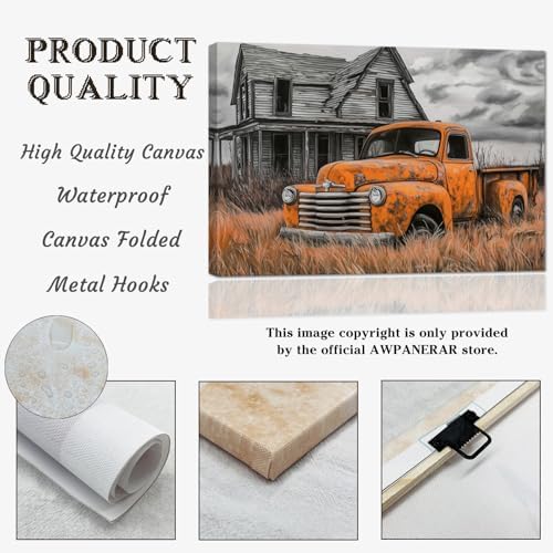 AWPANERAR Rustic Farmhouse Wall Decor Old Truck Canvas Print Car Painting Vintage Truck Poster Living Room Decor Frame (Orange, (20.00" x 30.00")) - Image 6