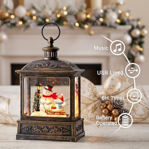 Christmas Snow Globe Swirling Glittering Snowman Duo with Music & Timer, USB Lined/Battery Operated Lighted Water Lantern for Christmas Festival Decoration Gifts - Image 4