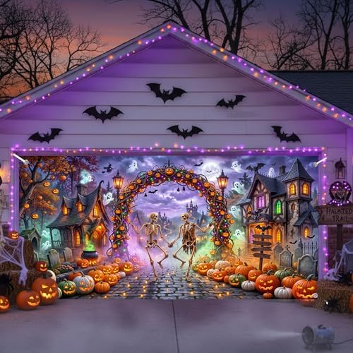 Halloween Garage Door Cover 13x6ft Dancing Skeleton Pumpkin Arch Ghost - Image 2