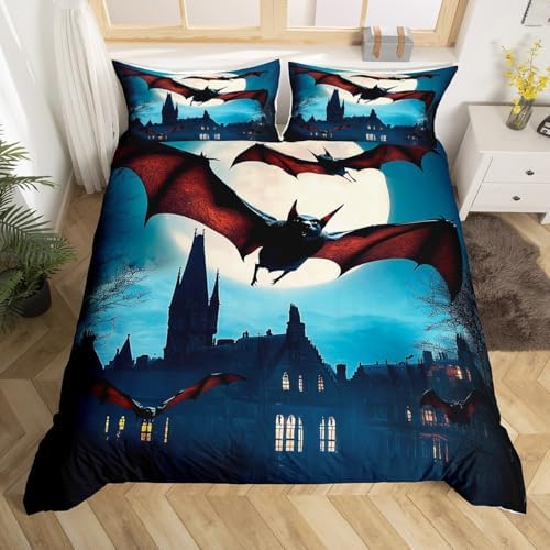 Feelyou Halloween Bedding Set Horror Dark Bats Bedding Duvet Cover Set for Boys Girls Trick or Treat Decor Comforter Cover Set Scary Moon Castles Bedspread Cover Bedroom Quilt Cover 3Pcs Full Size by Feelyou