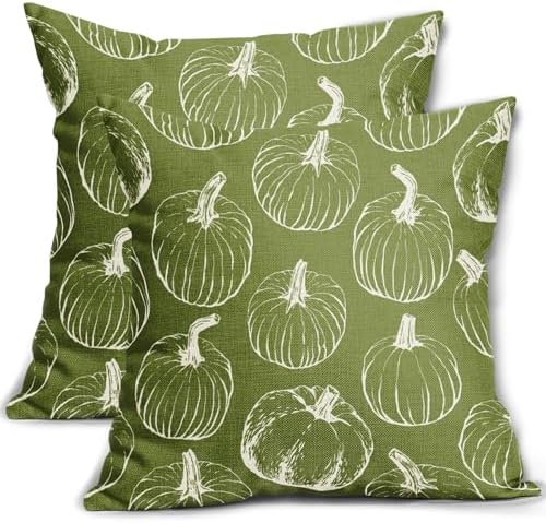 Lime Green Fall Pumpkin Pillow Covers 20x20 Set of 2 Autumn Themed Thanksgiving Cream Print Decorative Throw Pillows Outdoor PillowCase Farmhouse Linen Cushion Case Decor for Home Sofa Couch Bed by Aytipun