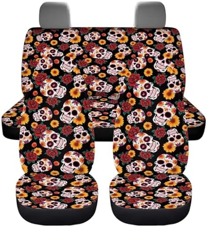 Gothic Skull Roses Car Seat Covers 4Pcs Front & Rear Breathable Seat Covers Universal Fits for Truck, Sedan, SUV Auto Interior Protector Car Accessories Halloween Decor