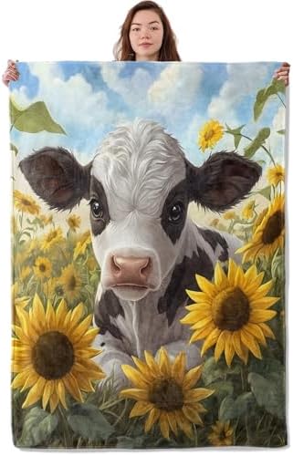 Cute Cow & Sunflower Blanket, Soft Warm Cozy Throw Gifts for Adults Kids Women, Lightweight Comfy Fuzzy Flannel Blankets for Couch, Travel, Car, Home Decor 50×40 Inch by Unknown
