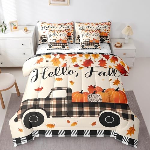 Erosebridal 7 Piece Happy Fall Y'all Bedding Set Farmhouse Pumpkin Truck Full Comforter Set with Sheets Thanksgiving Harvest Bed in A Bag for Kids Black White Buffalo Plaid Bed Set Autumn Decor by Erosebridal