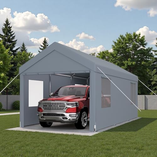 10x20FT Canopy, Outdoor Portable Garage with 2 Roll-Up Doors & 4 Ventilated Windows, Patio Camping Heavy Duty Car Port Canopy with PE Cover, Ground Pegs & Steel Cables, Easy Assembly, Grey - Image 7
