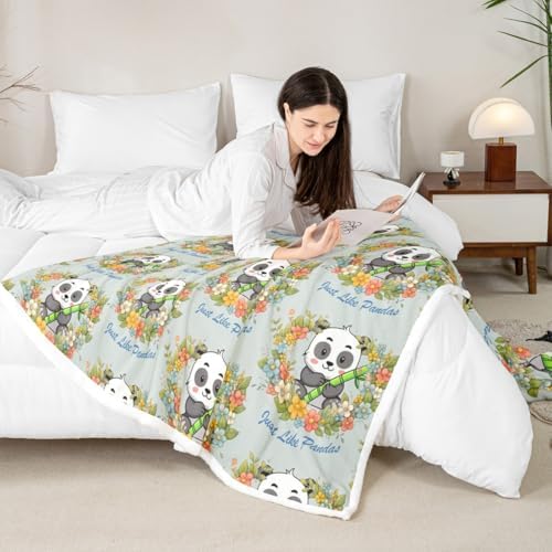 Cute Kawaii Panda Sherpa Blanket Cartoon Wild Animal Pandas Throw Blanket Bedroom Living Room Soft Cozy Green Leaves Print Blankets Decor for Bed Couch Sofa Green Black White Flannel Blankets 30"x40" - Image 4