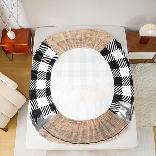 Fall Pumpkins Bed Sheets King Rustic Farmhouse Thanksgiving Theme Beddig Set Black White Buffalo Plaid Fitted Sheet Happy Autumn Fall Sheet Set Wooden Board Flat Sheet 2 Pillow Cases Home Room Decor - Image 5