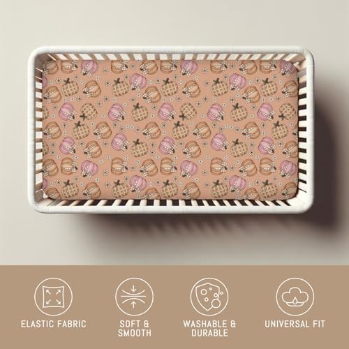 Boho Fall Pumpkin Bows Plaids Baby Crib Sheets for Boy Girl Autumn Pumpkins Floral Checks Soft Snug Fitted Crib Mattress Covers for 52''x28'' Standard Crib & Toddler Mattress Thanksgiving Baby Sheet - Image 4
