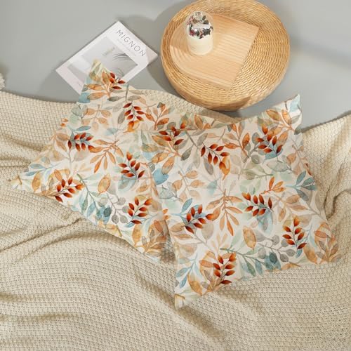 Fall Pillow Covers 18x18 Set of 2 Orange Blue Watercolor Leaves Pillowcase Autumn Thanksgiving Outdoor Decorative Throw Pillow Covers Linen Farmhouse Cushion Case for Couch Home - Image 6