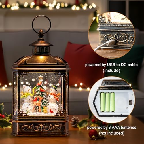 Christmas Snow Globes Lantern Christmas Snow Globe with Music Snowman and Christmas Tree,6H Timer,USB Lined/Battery Operated Lighted Lantern for Christmas Festival Decoration Gifts - Image 4