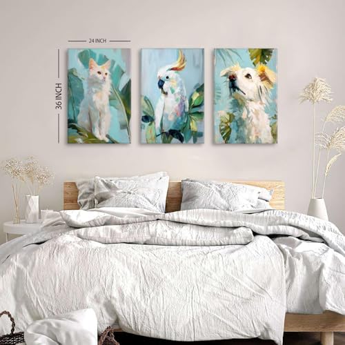 Big Cute Cat Wall Art Green Botanical Picture Woodland Nursery Wall Decor Tropical Teal Leaves Painting Animals Portrait Poster Framed Artwork for Bedroom Living Room Home Decorations 24x36 3P - Image 3
