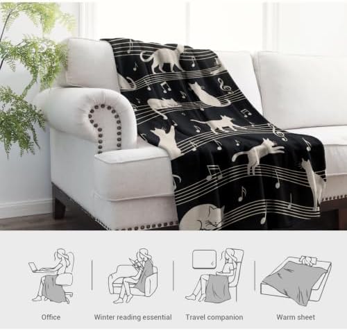 Jekeno Music Cat Gifts Blanket for Women Man, Musical Notes Theme 80"x60" - Image 3
