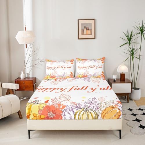 Watercolor Fall Pumpkin Bed Sheets ,Happy Harvest Thanksgiving Sheet Set For Twin Bed,Autumn Maple Leaf Botanical Bedding Set Fall Rustic Farmhouse Fitted Sheet Orange Flat Sheet 1 Pillow Case - Image 4