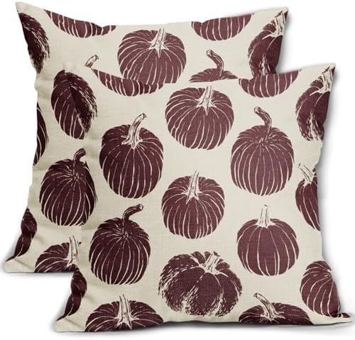 Burgundy Red Pumpkin Fall Pillow Covers 22x22 Set of 2 Autumn Harvest Print Thanksgiving Decorative Throw Pillows Outdoor Farmhouse Cushion Case Seasonal Decor for Couch Sofa Bed by Aytipun