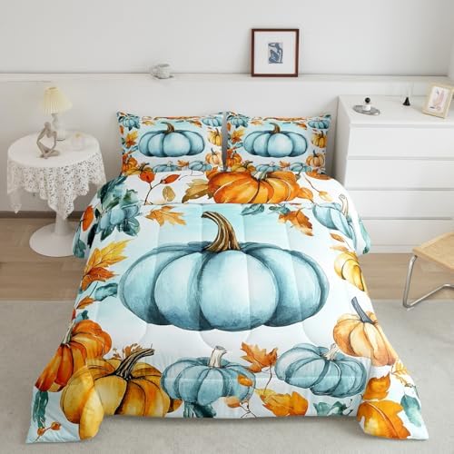 Erosebridal Kids Fall Pumpkin Bedding King for Teenagers Girls Boys, Blue Pumpkin Decor Comforter Set Autumn Leaves Bedding Comforter Sets 3 Pieces, Rustic Farmhouse Quilt with 2 Pillowcases - Image 2