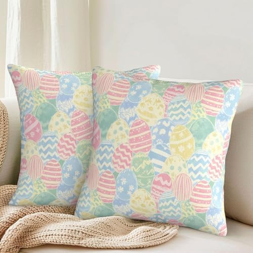 KiuLoam Easter Pillow Covers 20x20 Inch Set of 2 Watercolor Blue Green Yellow Eggs Rustic Farmhouse Decorative Throw Pillows Easter Spring Outdoor Square Cushion Cases for Sofa Couch Bed Decor - Image 2