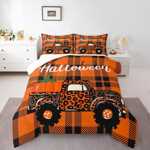 Homewish Halloween Pumpkin Camper Comforter Set Twin Size,Orange Leopard Print Car Bedding for Kids Adults Room Decor,Geometric Plaid Quilt Happy Bedspread 2pcs,1 Pillowcase - Image 4