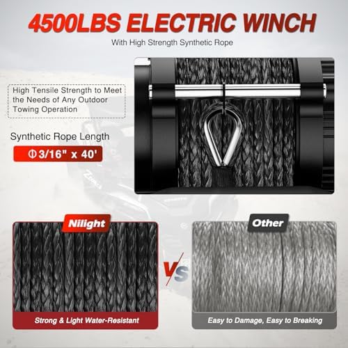 Nilight ATV UTV Electric Winch 12V 4500 lb w Synthetic Rope Remote Control - Image 4