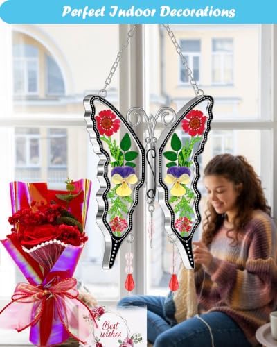 KY&BOSAM Gift for Mom Butterfly Suncatcher with Rose Flower Bouquet Set,Red - Image 3