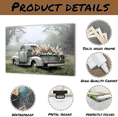 QIXIANG Farmhouse Truck Canvas Wall Art Old Car and Pink Flower Picture Prints for Bedroom Home Living Room Decor with Framed (16.00" x 24.00", Truck) - Image 6