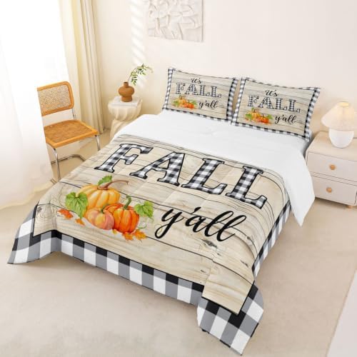 Homewish Fall Pumpkin Grid Comforter Set Full Size,Rustic Farm Barn Wooden Bedding Youth Adults Room Decor,Halloween Plants Plaid Quilt Set Retro Fall Themed Duvet Insert 3pcs,2 Pillowcases - Image 3