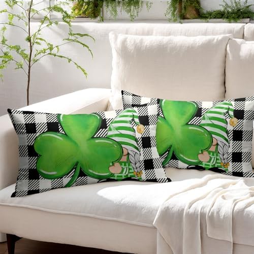 St Patricks Day Pillow Covers 12x20 Set of 2 Shamrock Clover Throw Pillow Covers Spring Pillowcase Linen Decoration Farmhouse Decorative Buffalo Plaid Gnome Cushion Case Couch for Indoor Home Decor - Image 3