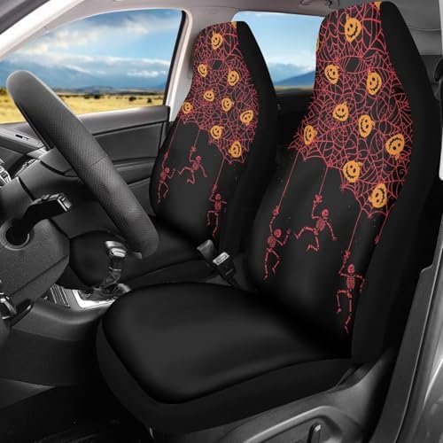 Red Spider Web Skeleton Black Halloween Print Car Seat Cover Colorful Cute Print Front Seat Covers 2 pcs, Vehicle Seat Protector Car Mat Covers, Fit Most Vehicle, Cars, Sedan, Truck, SUV, Van