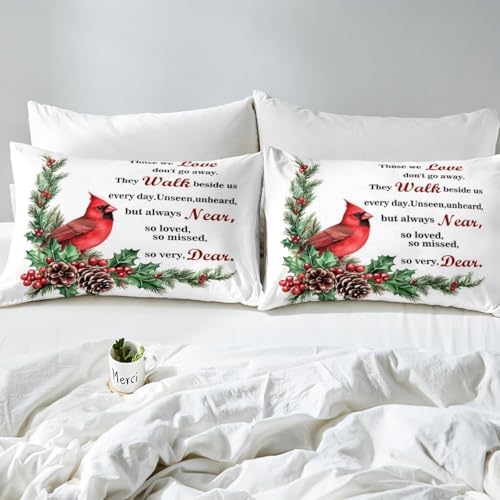 Manfei Red Cardinal Kids Duvet Cover Set Queen Size,Christmas Birds Holly Pinecones Bedding Set,Berries Poinsettia Rustic Animal Room Decor,White Red Green Quilt Cover,2 Pillowcases(No Comforter) - Image 7