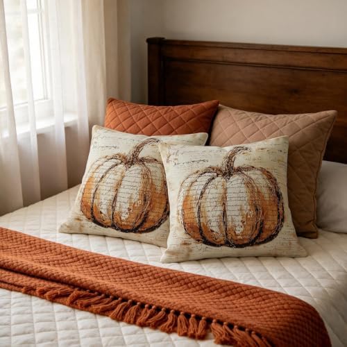 Fall Pillow Covers 16x16 Set of 2, Vintage Pumpkin Autumn Themed Thanksgiving Decorative Throw Pillow Cases Outdoor Rustic Seasonal Farmhouse Decor for Sofa Couch Bed - Image 7
