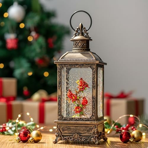 Christmas Snow Globe Water Glittering Cardinal Lantern with Music & Timer, USB Lined/Battery Operated Lighted Lantern for Christmas Festival Decoration Gifts - Image 2
