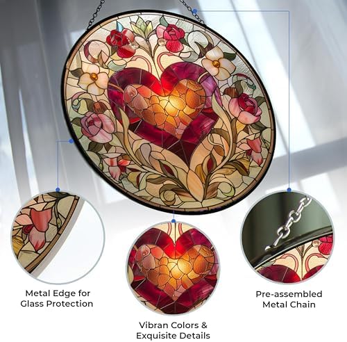 Valentine Heart Stained Glass Window Hanging Window Suncatcher 12" Glass Panel with Metal Chain Sun Catchers Wall Art Home Decor Gift for Women Mother's Day - Image 3