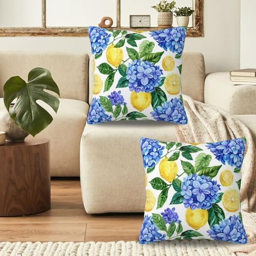 KiuLoam Summer Lemon Hydrangea Pillow Covers 18x18 Set of 2 Blue Yellow Floral Decorative Throw Pillow Covers Outdoor Farmhouse Cushion Cases for Sofa Couch Bed Living Room Decor - Image 4