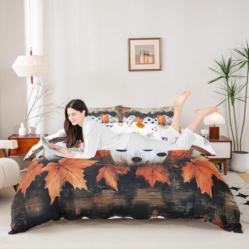 Kids Fall Pumpkin Harvest Bedding Set, Thanksgiving Day Comforter Cover Twin Maple Autumn Leaves Duvet Cover For Teens Adult, Country Barn Door Quilt Cover Rustic Farmhouse Decor, 1 Pillow Case - Image 3