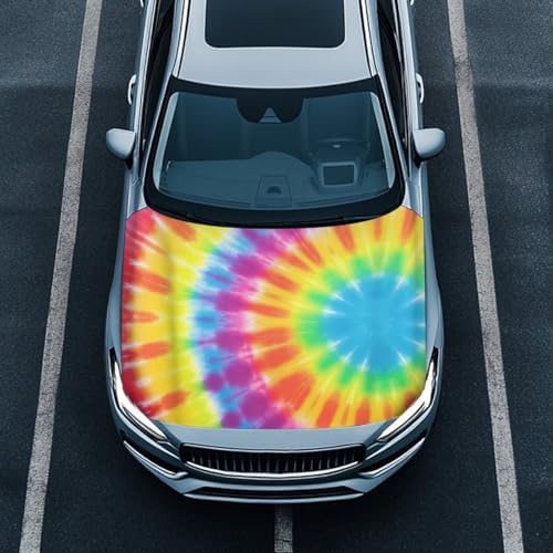 Tie Dye Spiral Car Hood Covers for Automobiles, Rainbow Gradient Tie-Dye 3X5FT Stretchable Polyester Suitable for Most Vehicles Sedans Trucks, LGBTQ Car Bonnet Banner